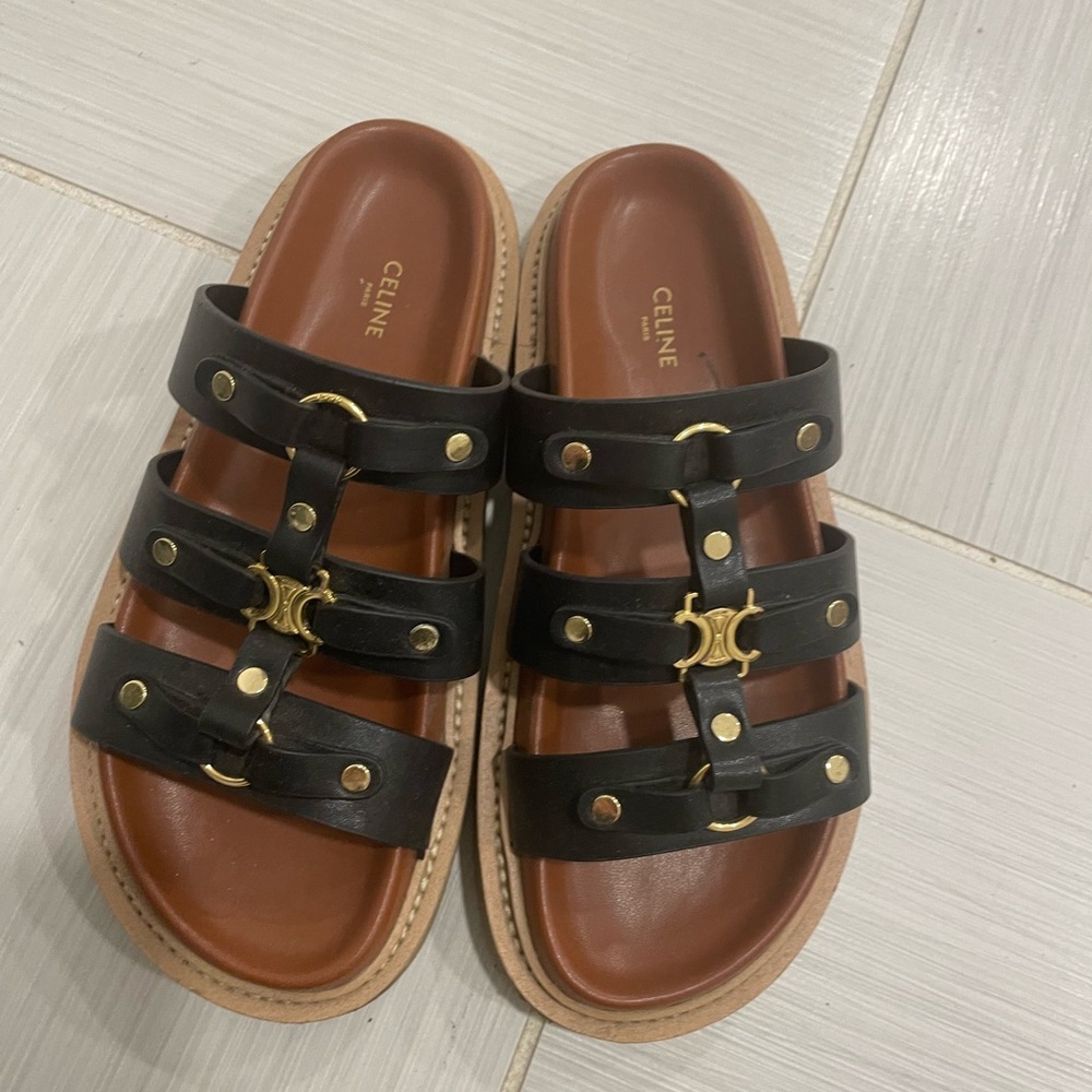 Celine Black Leather Slides with Gold Details